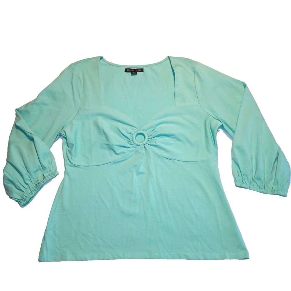 Boston Proper Top Womens XL Aqua Blue Green Jersey Knit Blouse Puff 3/4 Sleeves